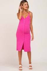 Fuchsia Ribbed Snap Button Front Maternity Midi Dress