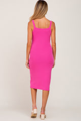 Fuchsia Ribbed Snap Button Front Maternity Midi Dress