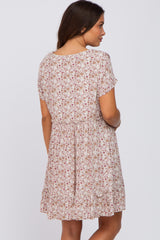 Taupe Floral Button Front Ruffle Hem Maternity Dress