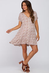 Taupe Floral Button Front Ruffle Hem Maternity Dress