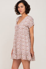 Taupe Floral Button Front Ruffle Hem Dress