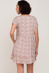 Taupe Floral Button Front Ruffle Hem Dress