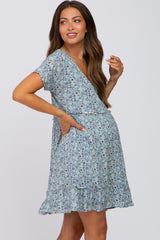 Aqua Floral Button Front Ruffle Hem Maternity Dress