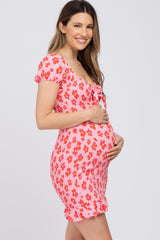 Pink Floral Knotted Front Smocked Fitted Maternity Mini Dress