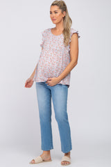 Light Blue Floral Ruffle Shoulder Babydoll Maternity Top