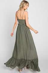 Olive Sleeveless Ruffle V-Neck Maxi Dress