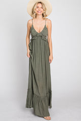 Olive Sleeveless Ruffle V-Neck Maxi Dress