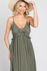 Olive Sleeveless Ruffle V-Neck Maxi Dress