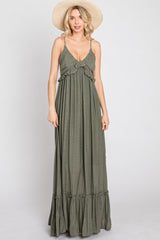 Olive Sleeveless Ruffle V-Neck Maternity Maxi Dress