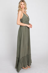 Olive Sleeveless Ruffle V-Neck Maxi Dress