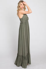 Olive Sleeveless Ruffle V-Neck Maxi Dress