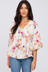 Ivory Floral V-Neck Ruffle Sleeve Blouse