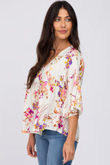 Ivory Floral V-Neck Ruffle Sleeve Blouse