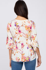 Ivory Floral V-Neck Ruffle Sleeve Blouse