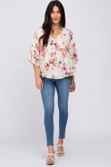 Ivory Floral V-Neck Ruffle Sleeve Blouse