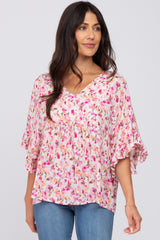 Pink Floral Pleated Front Ruffle Sleeve Hi-Low Maternity Top