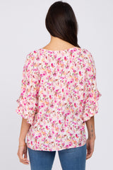 Pink Floral Pleated Front Ruffle Sleeve Hi-Low Top