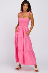 Pink Tiered Shoulder Tie Dress