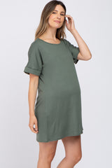 Olive Soft Knit Cuffed Short Sleeve Maternity Dress