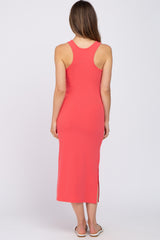 Coral Ribbed Side Slit Maternity Midi Dress