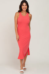 Coral Ribbed Side Slit Maternity Midi Dress