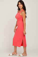 Coral Ribbed Side Slit Midi Dress