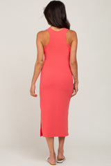 Coral Ribbed Side Slit Midi Dress