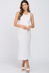 Ivory Ribbed Side Slit Maternity Midi Dress