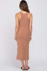 Mocha Ribbed Side Slit Maternity Midi Dress