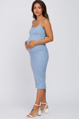 Blue Leaf Print Fitted Maternity Midi Dress