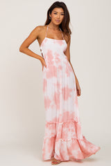 Pink Tie Dye Smocked Cutout Maternity Maxi Dress