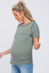 Olive Ribbed Front Pocket Short Sleeve Maternity Top