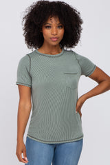 Olive Ribbed Front Pocket Short Sleeve Maternity Top