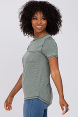 Olive Ribbed Front Pocket Short Sleeve Top