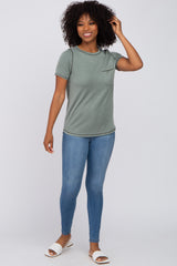 Olive Ribbed Front Pocket Short Sleeve Top