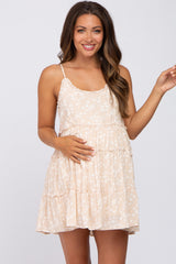 Beige Floral Sleeveless Tiered Maternity Mini Dress