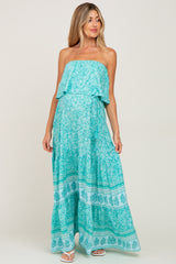 Aqua Floral Ruffle Layered Strapless Maternity Maxi Dress