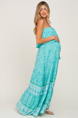 Aqua Floral Ruffle Layered Strapless Maternity Maxi Dress