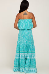 Aqua Floral Ruffle Layered Strapless Maxi Dress