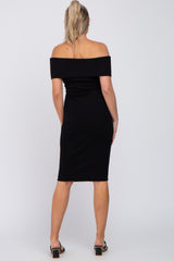 Black Folded Off Shoulder Waist Tie Maternity Midi Dress