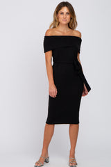 Black Folded Off Shoulder Waist Tie Maternity Midi Dress