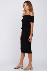 Black Folded Off Shoulder Waist Tie Midi Dress