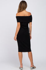 Black Folded Off Shoulder Waist Tie Midi Dress