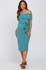 Jade Folded Off Shoulder Waist Tie Maternity Midi Dress