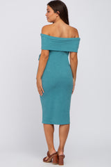 Jade Folded Off Shoulder Waist Tie Maternity Midi Dress