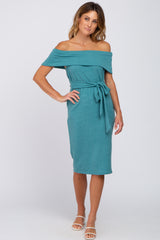 Jade Folded Off Shoulder Waist Tie Maternity Midi Dress