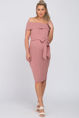 Mauve Folded Off Shoulder Waist Tie Maternity Midi Dress