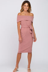 Mauve Folded Off Shoulder Waist Tie Maternity Midi Dress