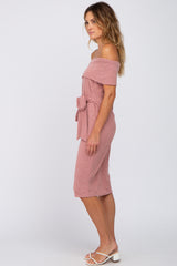 Mauve Folded Off Shoulder Waist Tie Midi Dress