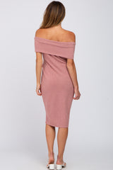 Mauve Folded Off Shoulder Waist Tie Midi Dress